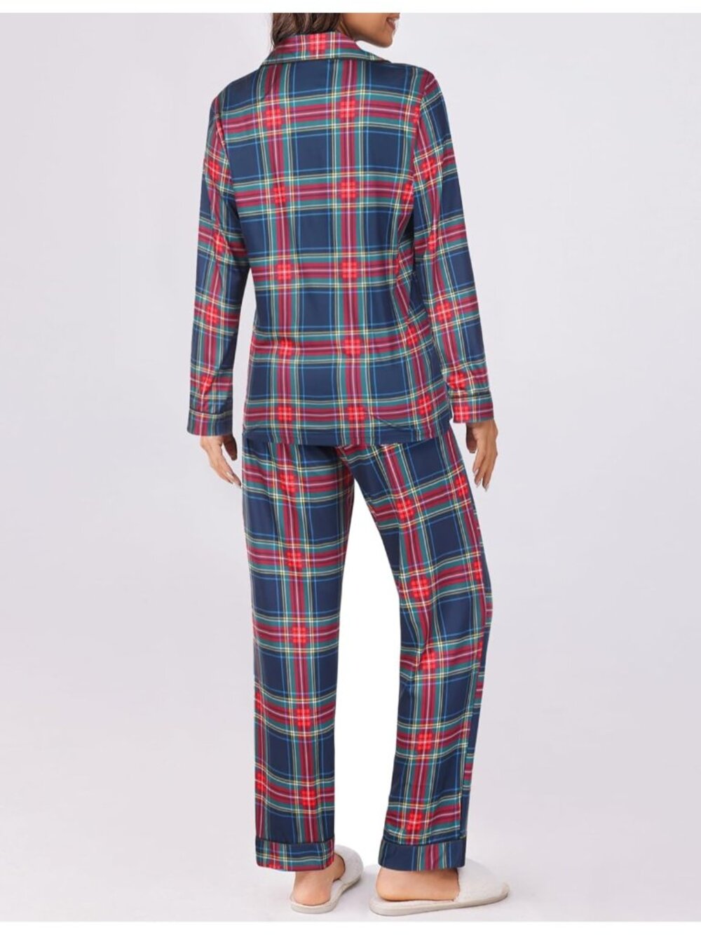 Women's Red Green Plaid Button Down Long Sleeve Shirt Sleepwear Pajamas Set - Picture 3 of 5